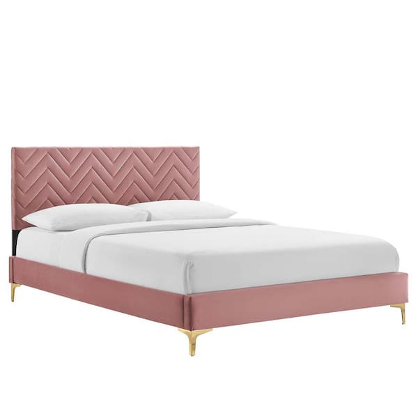 MODWAY Leah Chevron Tufted Red Performance Velvet Frame Queen Platform Bed with Reinforced Center Beam