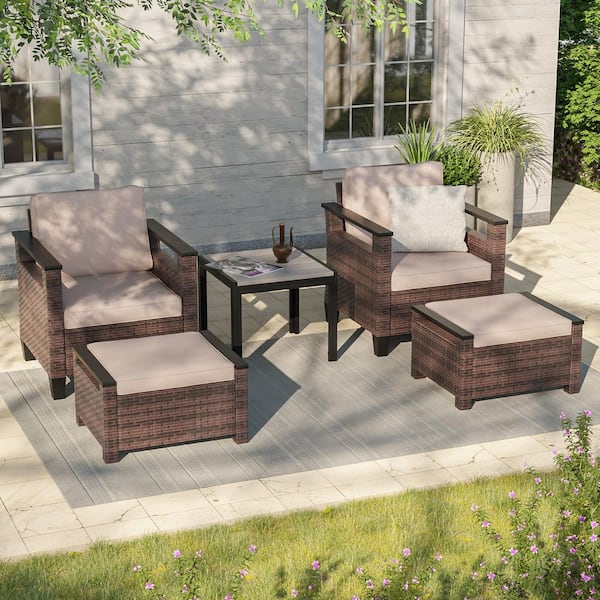 JOYESERY 5-Pieces Patio Conversation Set with Side Table and Ottomans All-Weather Brown PE Wicker Sand Cushion