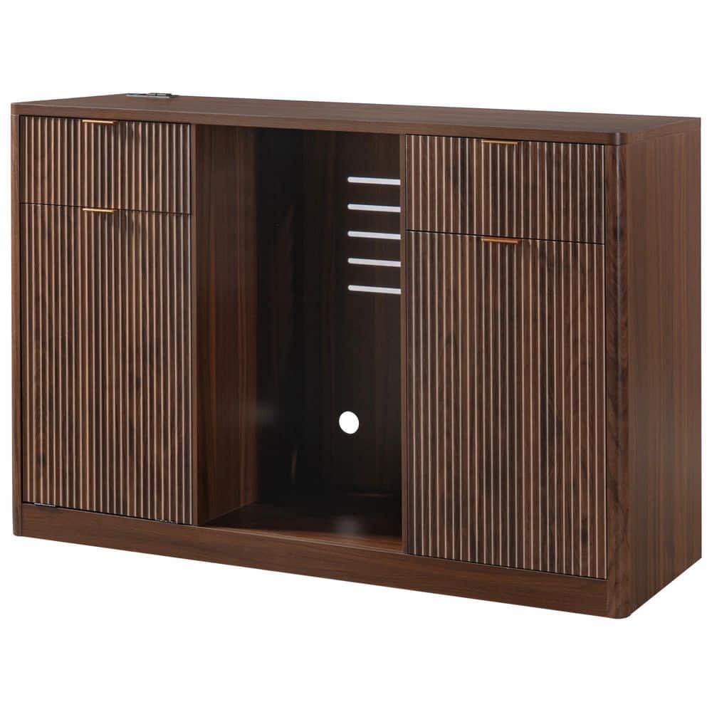 Wood 59 in. Brown Kitchen Island with Fridge Space, Tilt-Out Trash Cabinet, , Fluted Buffet Sideboard with Glass Holder price history on PriceWatchPro
