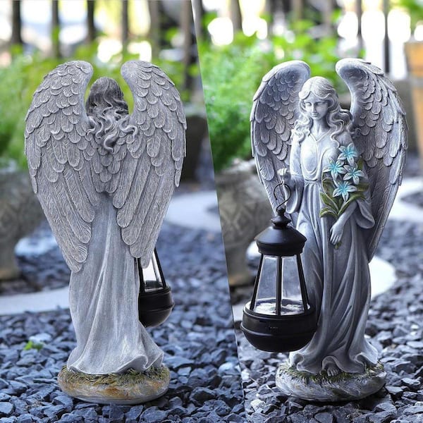 13.2 in. Solar Angel Outdoor Garden Decor Statues, Gray D0CB7RJMDT