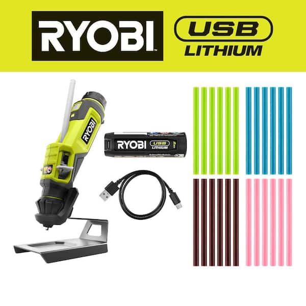 RYOBI USB Lithium Glue Pen Kit with 2.0 Ah USB Lithium Battery, Charging Cable, and 24PC Mini Size Glue Sticks (Variety)