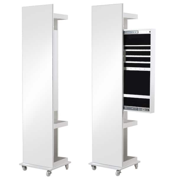 Full Length Mirror 360° Swivel Jewelry Cabinet with Lock, Velvet Lining and 22 Hooks, Wall/Door Mount Storage Organizer