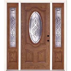 67.5 in.x81.625 in. Lakewood Zinc 3/4 Oval Lite Stained Medium Oak Left-Hand Fiberglass Prehung Front Door w/Sidelites