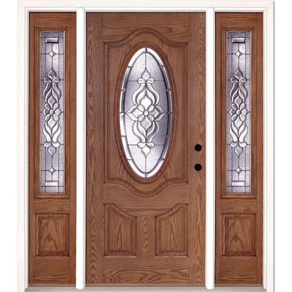 Feather River Doors 67.5 in.x81.625 in. Lakewood Zinc 3/4 Oval Lite Stained Medium Oak Left-Hand Fiberglass Prehung Front Door w/Sidelites