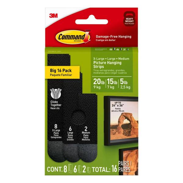 Command 20 lbs. to 15 lbs. to 5 lbs. Black Picture Hanging Strip (16-Pack)  (8 X-Large Pairs, 6 Large Pairs, 2 Medium Pairs) 17218BLK-16ES - The Home  Depot