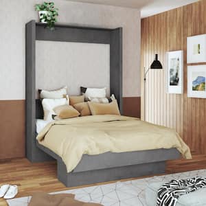 Easy-Lift Dark Grey Wood Frame Queen Murphy Bed with Shelf