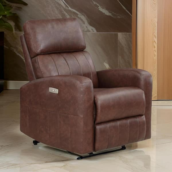 Benjara Brown Faux Leather Power Lift Recliner with Solid Wood