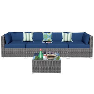 Messi Grey 5-Piece Wicker Outdoor Patio Conversation Sofa Seating Set with Denim Blue Cushions