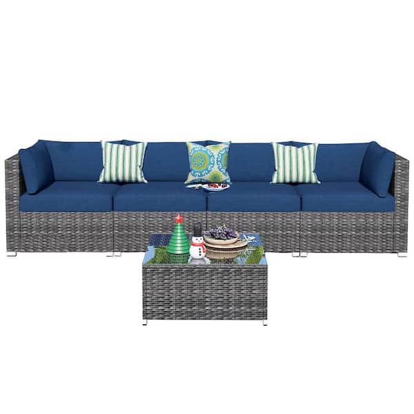 Messi Grey 5-Piece Wicker Outdoor Patio Conversation Sofa Seating Set with Denim Blue Cushions