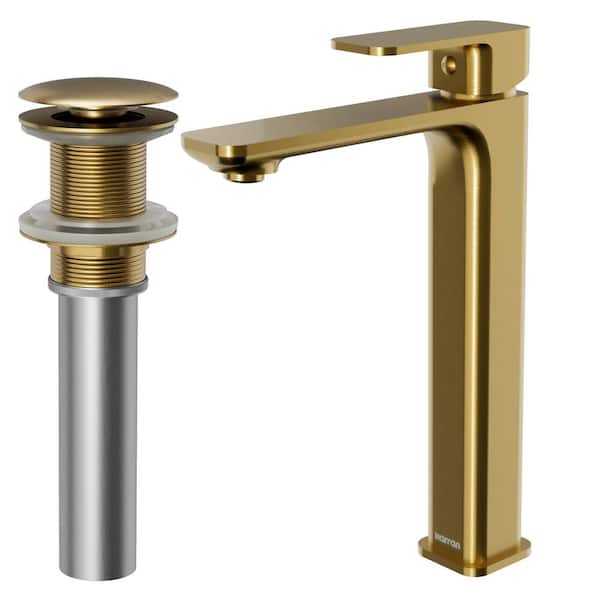 Karran Venda Single-Handle Single-Hole Vessel Bathroom Faucet with Matching Pop-Up Drain in Brushed Gold