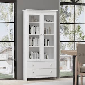 White Wood 2-Door Cabinet Bookshelf Cupboard with 2-Drawers and Adjustable Shelves