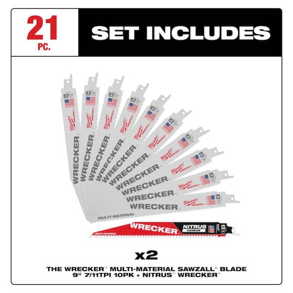 9 in. 7/11 TPI WRECKER Demolition Multi-Material Cutting SAWZALL Reciprocating Saw Blades + NIT WRECKER 2 PACK