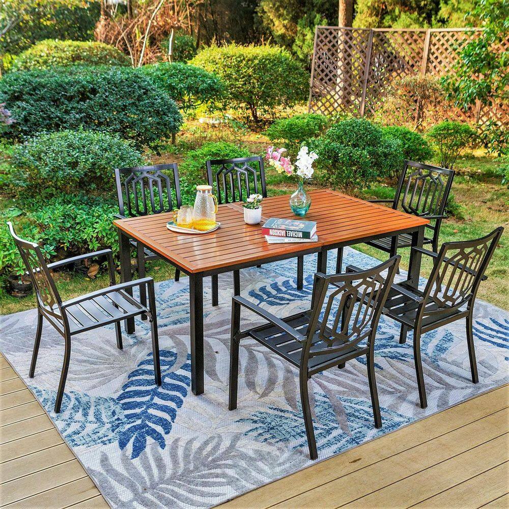 PHI VILLA Black 7-Piece Metal Outdoor Patio Dining Set with Straight ...