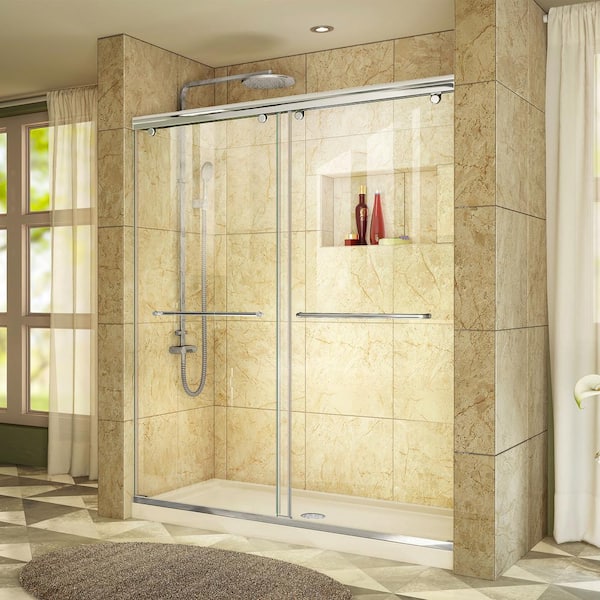 DreamLine Charisma 30 in. x 60 in. x 78.75 in. Semi-Frameless Sliding Shower Door in Chrome with Center Drain Shower Base