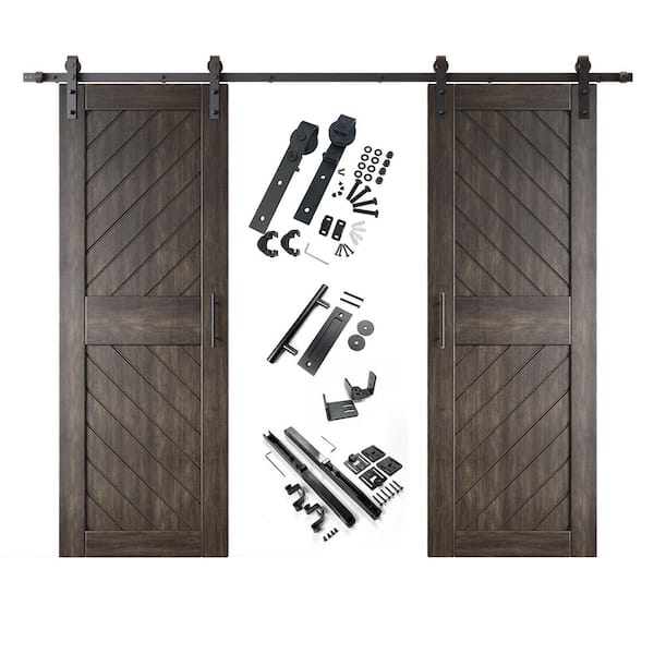 HOMACER XT3 30 in. x 84 in. C-Panel Ebony Slanted Stripe Design Double Pine Wood Sliding Barn Door with Hardware Kit