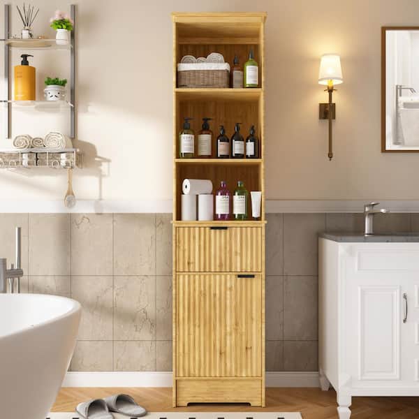68 in. H x 15.74 in. W x 12 in. D Bamboo Freestanding Linen Cabinet Tall Storage Cabinet with Curved Profile in Yellow