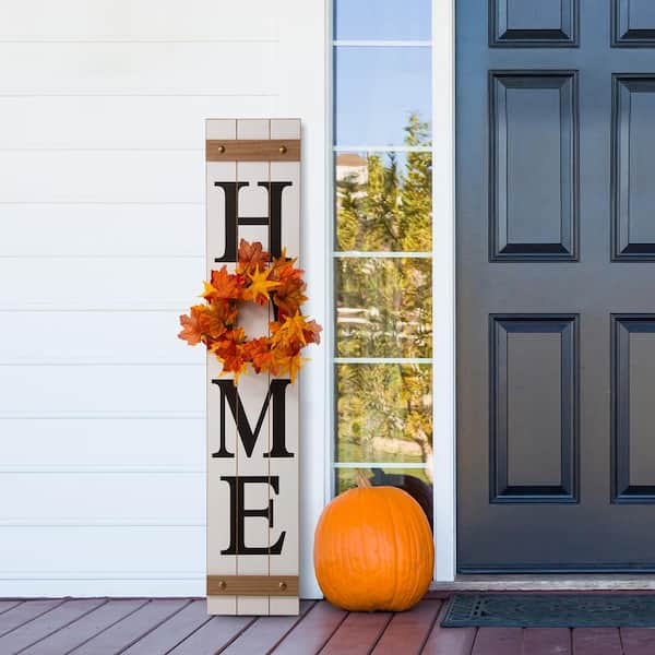 Glitzhome 42 in. H Wooden Home Porch Sign with 3 Changeable Wreathes (Spring/Fall/Christmas)