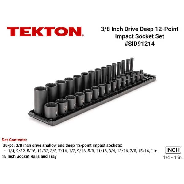 TEKTON 3/8 in. Drive 12-Point Impact Socket Set with Rails (1/4 in