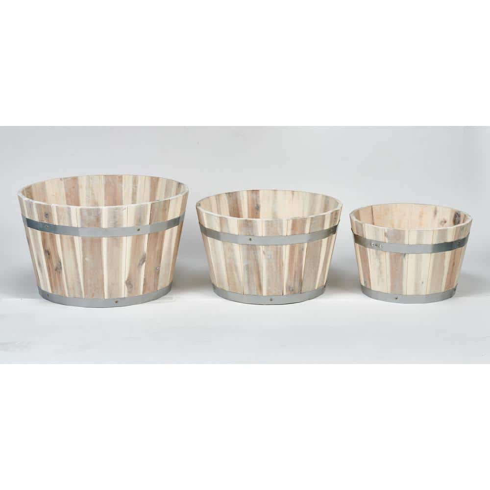 18 in. x 16 in. x 13 in. Nested Wood Barrel Planter with White Oil (Set of 