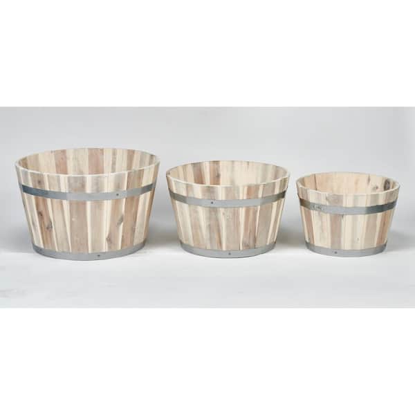 Unbranded 18 in. x 16 in. x 13 in. Nested Wood Barrel Planter with White Oil (Set of 3)