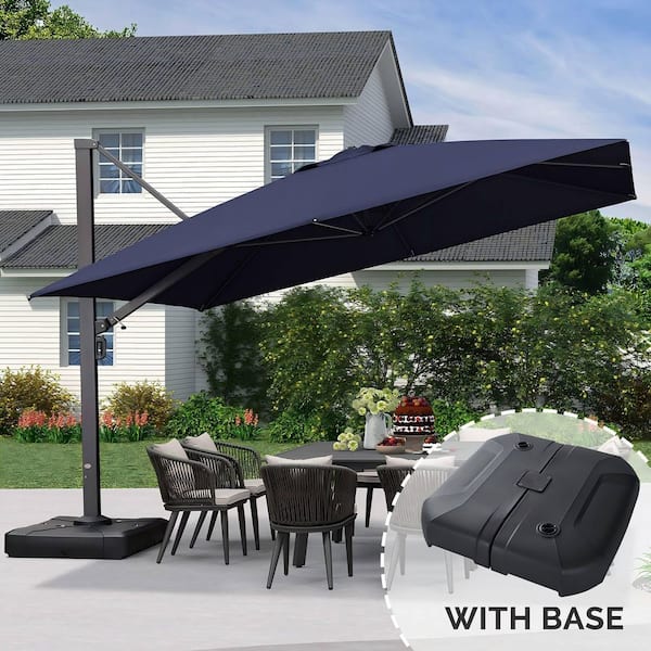 12 ft. Square Large Outdoor Aluminum Cantilever 360° Rotation Patio Umbrella with Base, Navy Blue