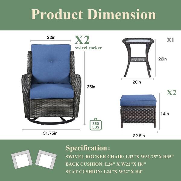 Brown 5-Piece Wicker Patio Conversation Deep Seating Set and Ottoman with Blue Cushions