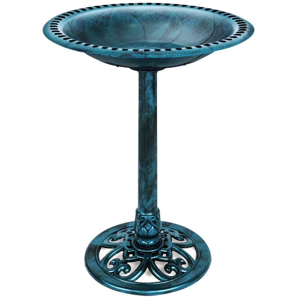 28 in. Tall Outdoor Turquoise Resin Antique Pedestal Birdbath, Vintage Outd