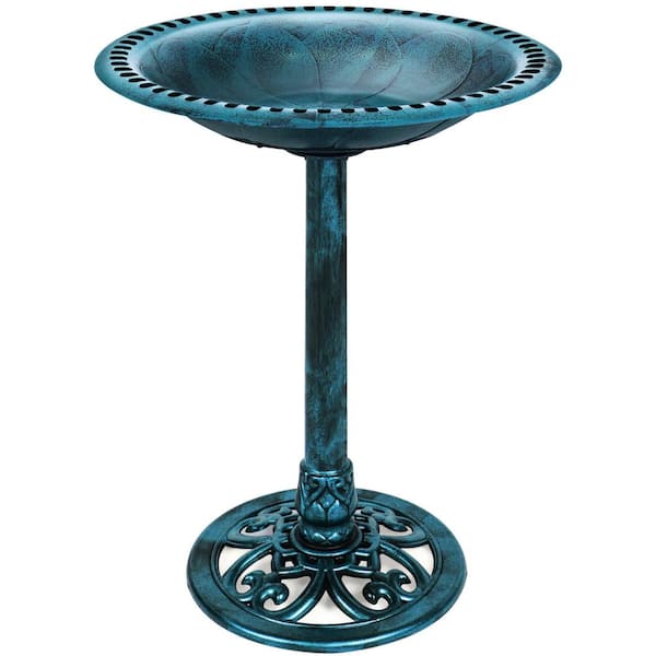 28 in. Tall Outdoor Turquoise Resin Antique Pedestal Birdbath, Vintage Outdoor Accent Decoration with Iris-Peacock Blue