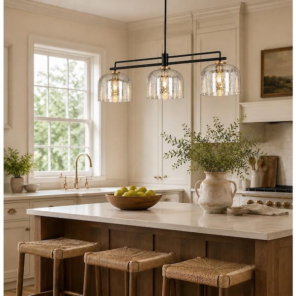 Modern 43.3 in. 3-Light Black and Gold Kitchen Island Chandelier with Dome Textured Glass Shade, Linear Pendant Light