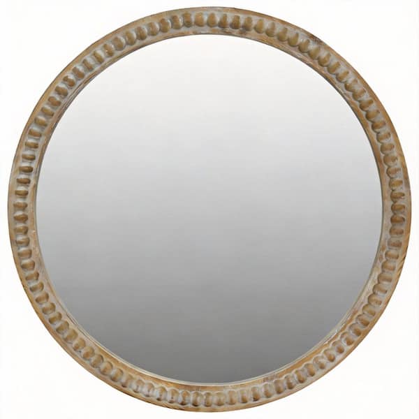 31.50 in. W x 31.50 in. H Round Distressed Wood Beaded Framed Wall Mount Bathroom Vanity Mirror in Natural Wood