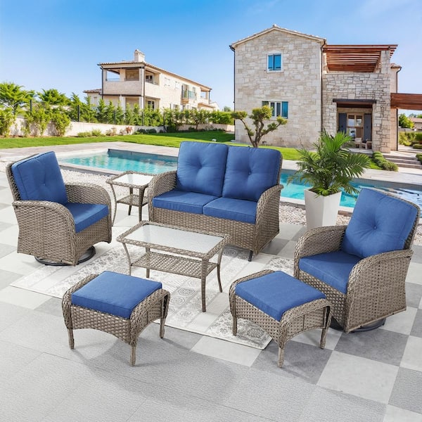 Gymojoy Carlos Gray 7-Piece Glider Set Wicker Patio Conversation Set Outdoor Swivel Chair Set with Gray CushionGuard Cushions