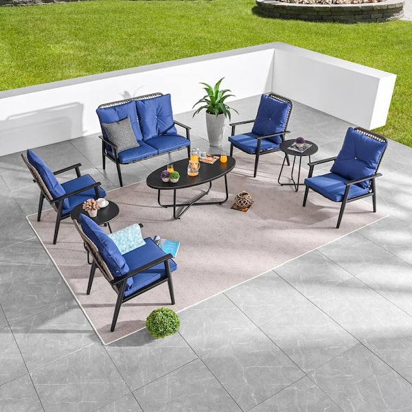 8-Piece Metal Patio Conversation Set with Blue Cushions