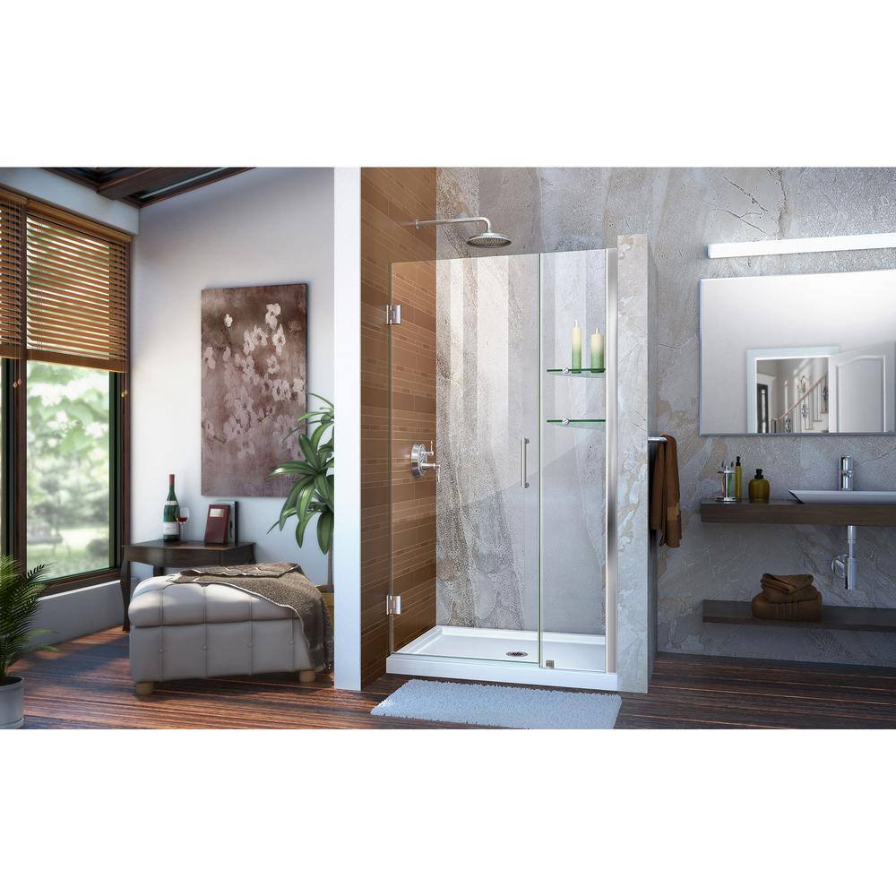 Unidoor Frameless Clear Glass Hinged Shower Door with Chrome Finish