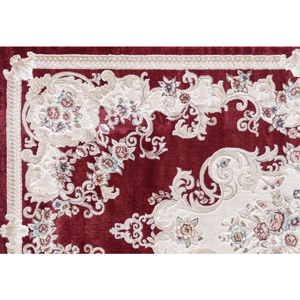 Classic Burgundy and White Synthetic Round Area Rug, 5' x 5'