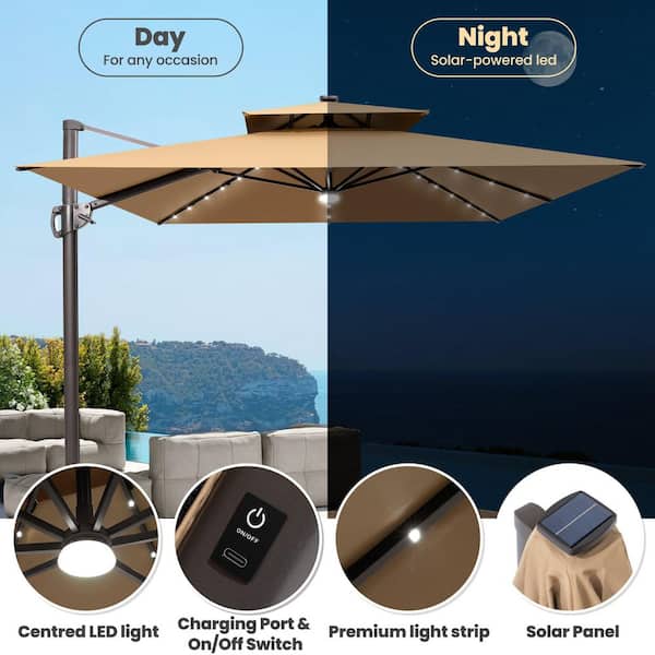 11 ft. x 9 ft. Solar Powered Cantilever Patio Umbrella w/ 350 lb. Wheeled Base Double Top Outdoor Umbrella in Tan Brown