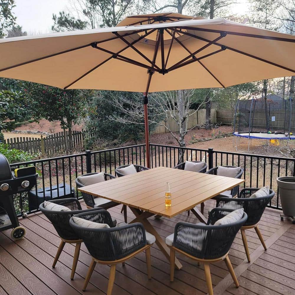 Teak-Finish 9-Piece Wicker Square Aluminum Frame Outdoor Dining Set and Pillows with Beige Cushions