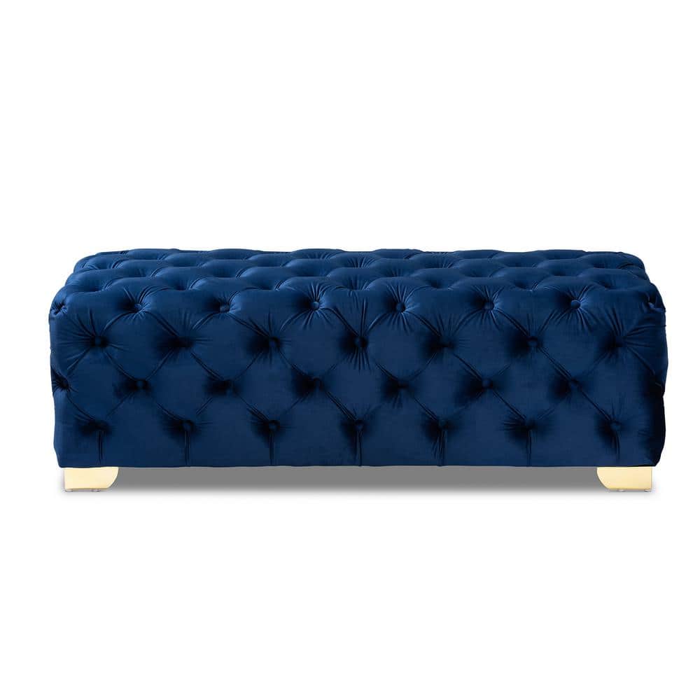 Royal Blue Velvet Tufted Ottoman with Gold Metal Legs