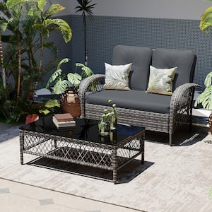 2 Person Outdoor Gray Wicker Sofa Seating with Coffee Table for Patio, Balcony in Dark Gray