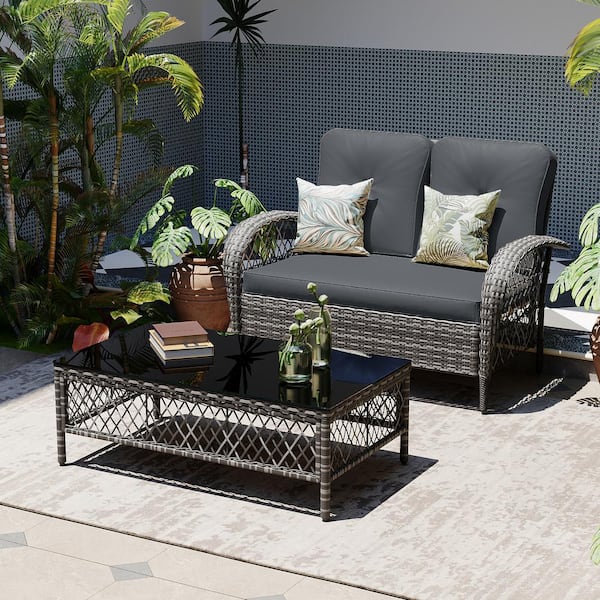 UPHA 2 Person Outdoor Gray Wicker Sofa Seating with Coffee Table for Patio, Balcony in Dark Gray