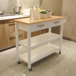 White Kitchen Island Cart with Wooden Tabletop and Rolling Wheel and 2-Shelves and 2-Large Drawers Rolling Storage Cart