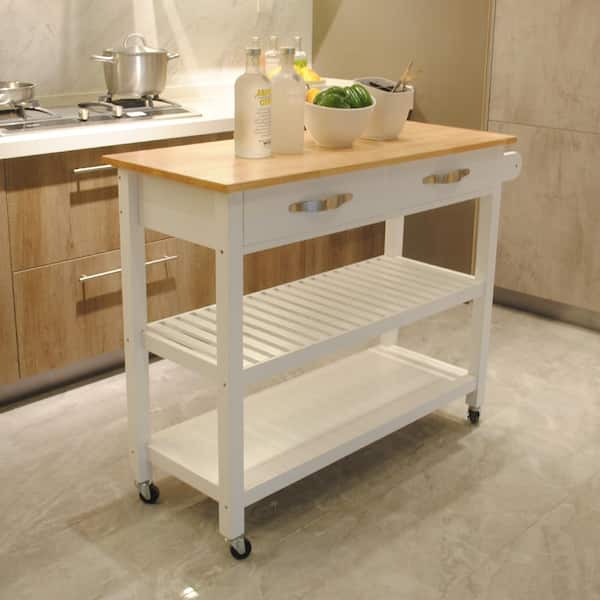 Tileon White Kitchen Island Cart with Wooden Tabletop and Rolling Wheel and 2-Shelves and 2-Large Drawers Rolling Storage Cart