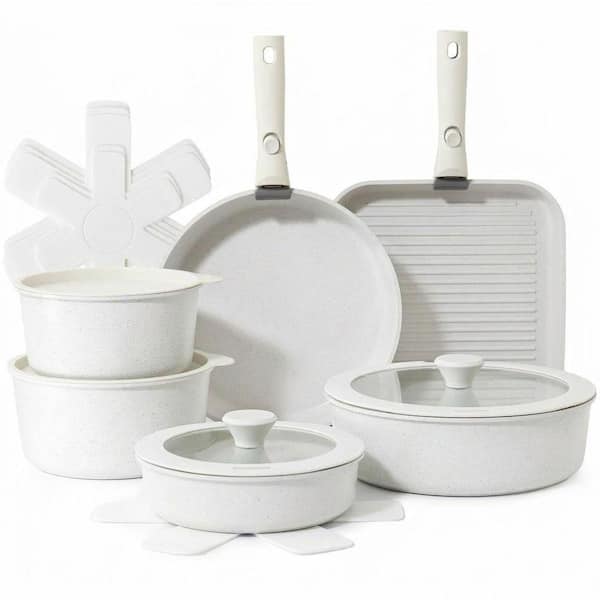 17 Piece White Granite Nonstick Cookware Set Induction Ready with Removable Handles Easy Storage Dishwasher Safe All