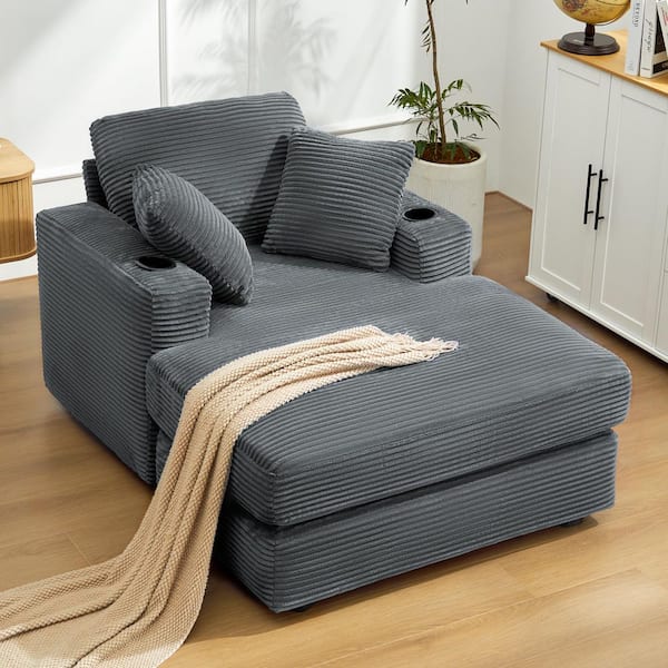 43 in. Gray Corduroy Velvet Chaise Lounge Fabric Sleeper Sofa Bed with 3 Back Pillows and 2 Cup Holders