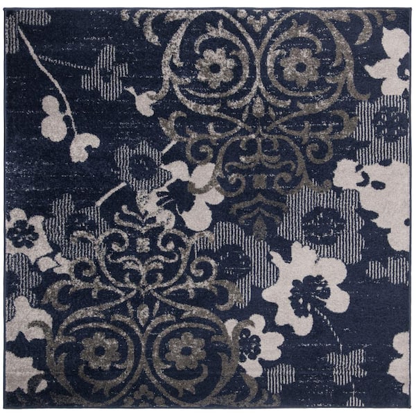 Adirondack Navy/Silver 6 ft. x 6 ft. Square Floral Area Rug