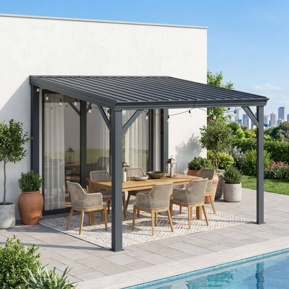 10x10 FT Lean to Wall Mounted Gazebo, Sloping Galvanized Steel Roof with Drainage System, Gray price history on PriceWatchPro