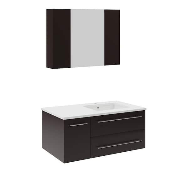 Fresca Lucera 36 in. Single Wall Mount Espresso Bath Vanity with White Quartz Top, Undermount Right Sink and Medicine Cabinet