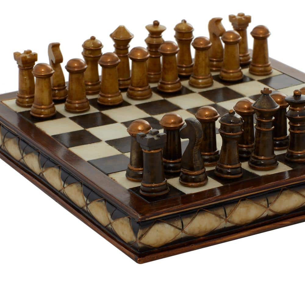 Brown Polystone and Brass Chess Set with Mahogany Finish