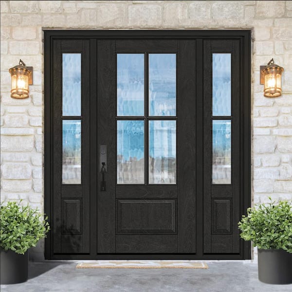 Regency 68 in. x 80 in. 3/4Lite 4SDL Oasis Deco Glass RHIS Prefinish Onyx Fiberglass Prehung Front Door w/2_ 14inSL
