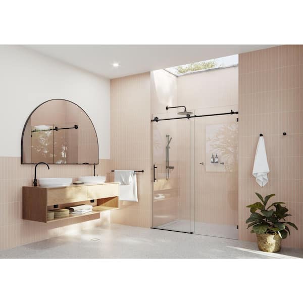 52 in. - 56 in. x 78 in. Frameless Sliding Shower Door in Matte Black with Handle