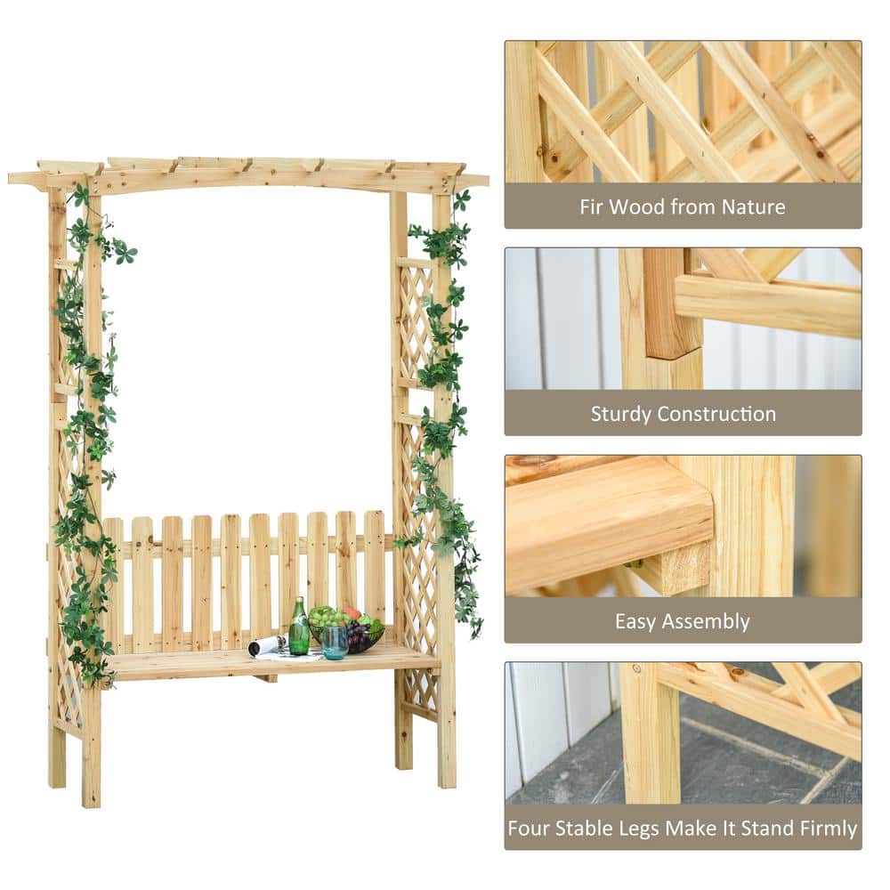 Natural Fir Wood Garden Arbor Arch with Bench for Climbing Plants